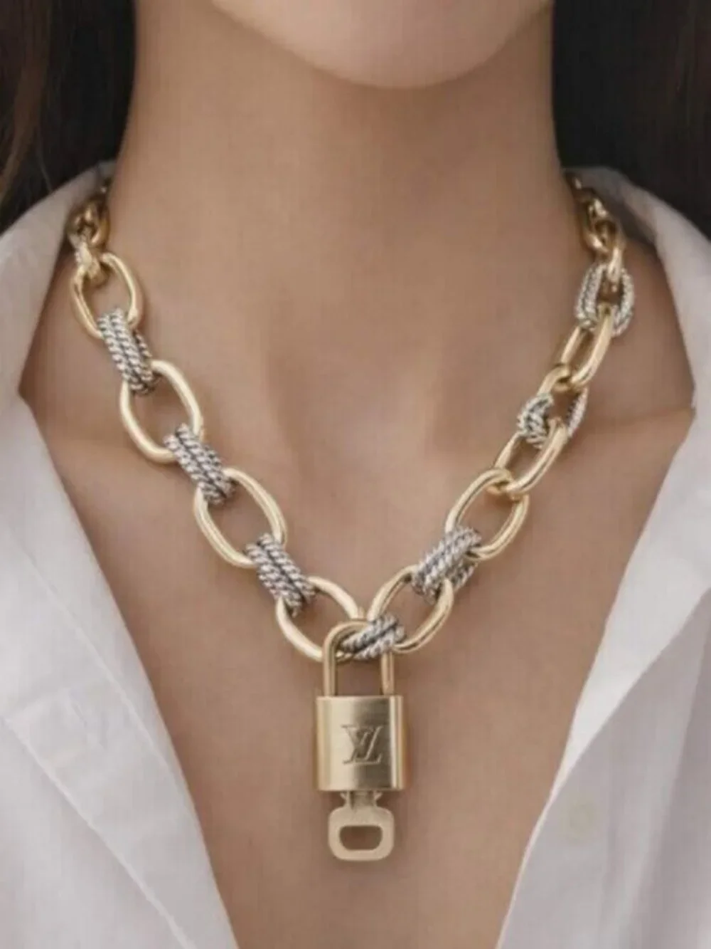 Authentic Louis Vuitton Gold Padlock w/ Unbranded Fashion Geometry Necklace